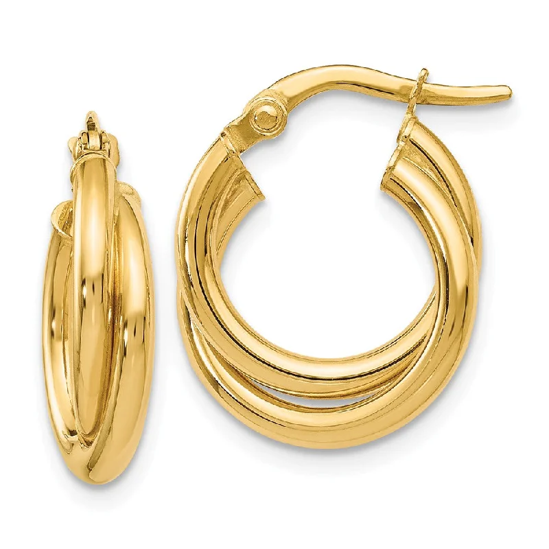 everyday earrings for women -4mm Crossover Double Round Hoop Earrings in 14k Yellow Gold, 17mm