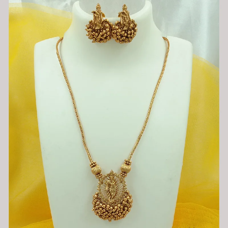 rose gold necklaces for women -FS Collection Gold Plated Pearls Temple Long Necklace Set