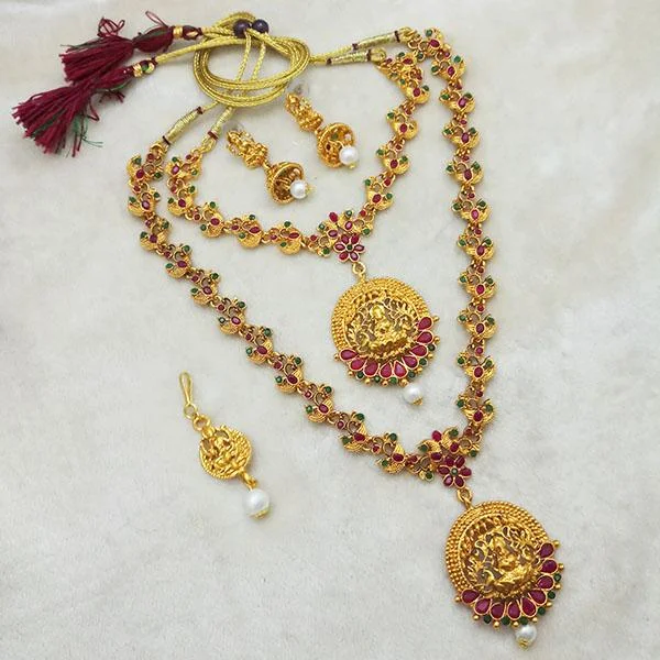 long necklaces for women -Darshana Jewels Maroon Stone Double Gold Plated Necklace Set