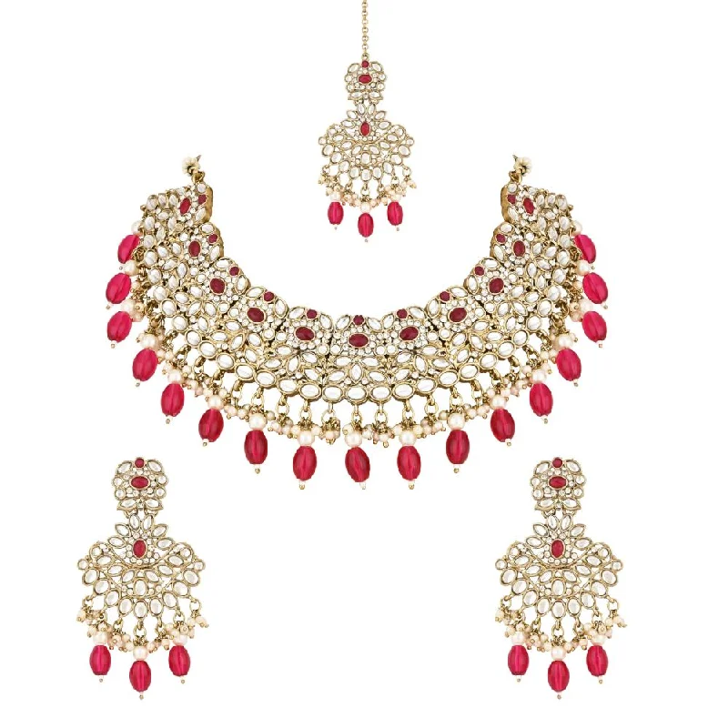 bridesmaid necklaces for women -Etnico Gold Plated Traditional Kundan Pearl Drop Bridal Choker Necklace With Chandbali Earrings & Maang Tikka Jewellery Set For Women/Girls (K7257Q)