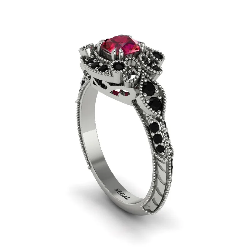 modern engagement rings for women -Ruby Vintage Filigree Cushion Cut Engagement Ring - Elaina No. 42