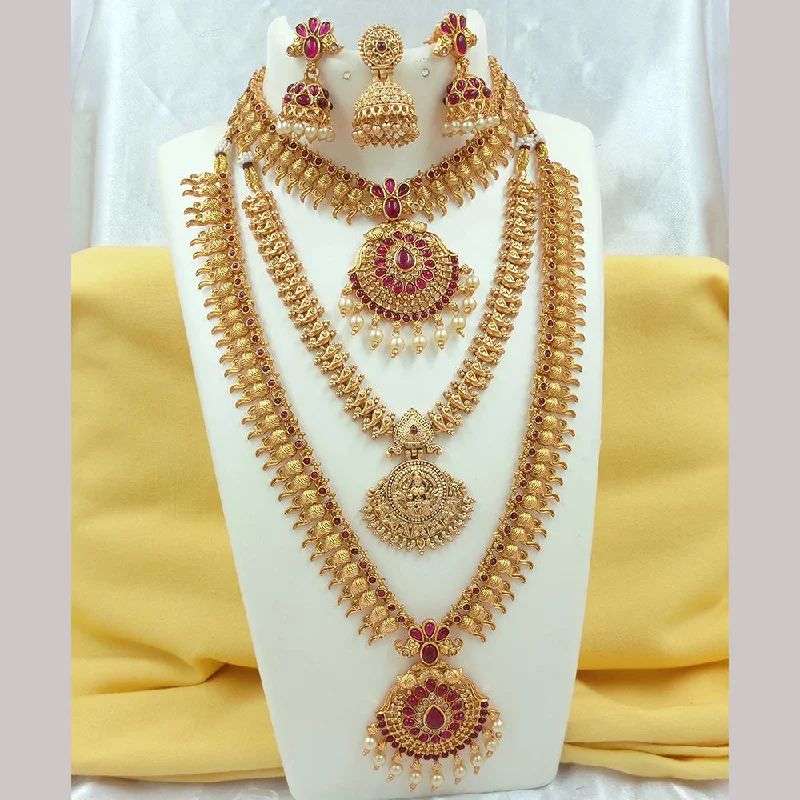 gemstone necklaces for women -Joyful Jewel Art Matte Gold Plated Pota Stone Temple Long Necklace Combo