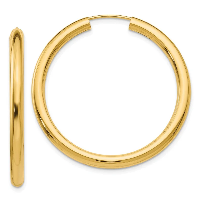 hypoallergenic earrings for women -3mm x 35mm 14k Yellow Gold Polished Endless Tube Hoop Earrings