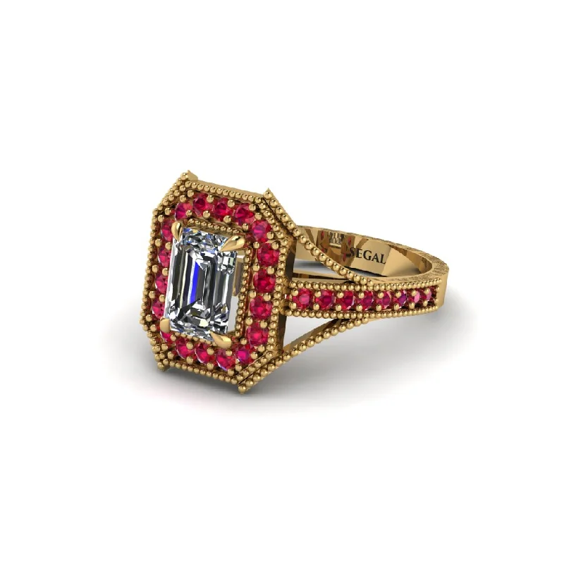 antique gold engagement rings for women -Emerald Cut Ruby Milgrain Halo Engagement Ring - Xanthe No. 46