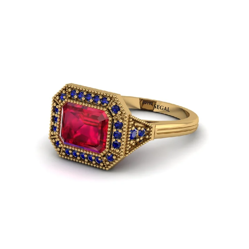 engagement rings under $1000 -Emerald Cut Ruby Milgrain Halo Engagement Ring - Juniper No. 70